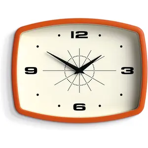 (R) Movie Wall Clock | Retro Rectangular Clock | 10 inch | Orange | Cool Designer Look for Kitchen, Living Room or Office