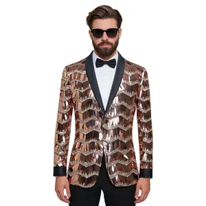 Men's Rose Gold Sequin Fringe Blazer, Sparkly Wave Tassel Shawl Lapel Party Suit Jacket for Prom, Club, Stage, Wedding, Halloween