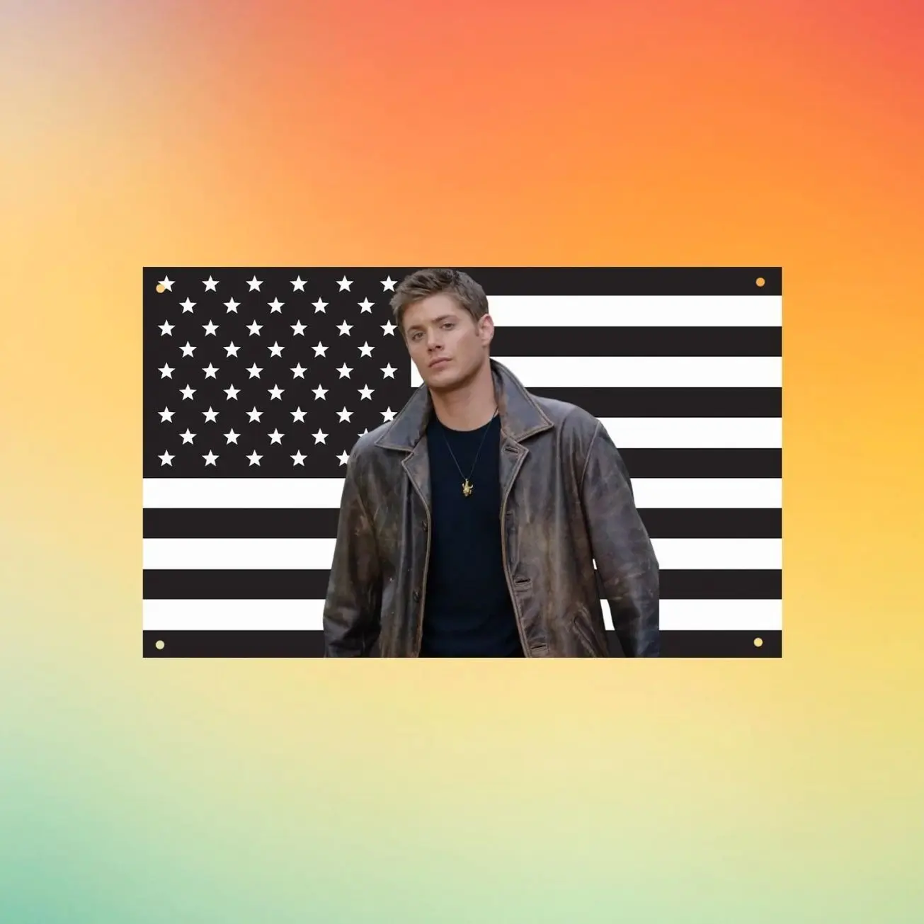 Dean Winchester Black USA Flag Wall Tapestry, Jensen Ackles Supernatural Wall Flag, Black American Flag, Hunter Room Decor