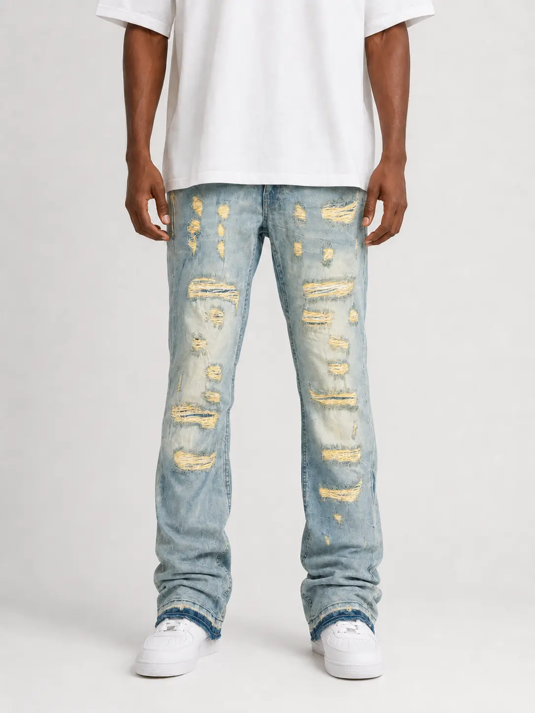 Menswear Cotton Pants - FWRD 'Worn Down' Stacked Flare Denim Jeans (Ice Tint), Style FW-33893