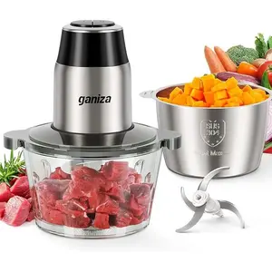 GANIZA Food Processors, Electric Food Chopper with Meat Grinder & Vegetable Chopper - 2 Bowls (8 Cup+8 Cup) with Powerful 450W Copper Motor - Includes 2 Sets of Bi-Level Blades for Fruits/Meat/Nuts