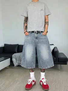 Men's Loose Straight-Leg Jeans Cat Whisker Vintage Denim Shorts, Washed Patchwork Light Blue Fashion Pants, Summer 2026 New Arrival