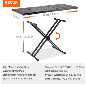 VEVOR DJ Table Stand, (32-43)x 18 Portable DJ Laptop and Controller Stand, Lightweight DJ Desk DJ Booth Adjustable Height DJ Stand, Foldable Double-X Keyboard Stand Tabletop, Audio Mixer Stand