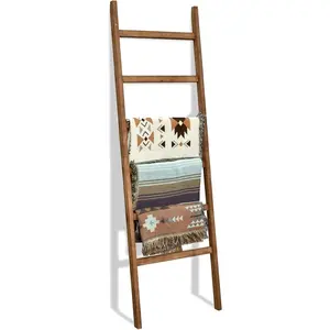6.4ft Extra Wide Wooden Blanket Ladder Living Room Decorative Wal Leaning Farmhouse Quilt Display Holder Rustic  Towel Rack for Bathroom, Brown, 24 inch Wide
