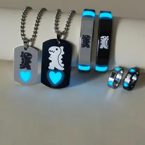 Luminous Heart & Dinosaur Pattern Couple Necklace & Bracelet & Ring, Fashion Jewelry for Party, Daily Clothing Decor, Trendy All-match & Exquisite Jewelry for Birthday Gift