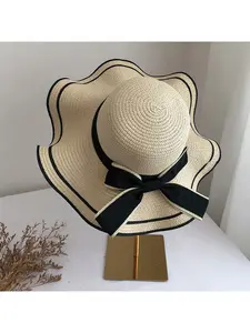 French Straw Woven Sun Hat Women Wooden Ear Design Large Brim Beach Travel Vacation UV Protection Summer Hat