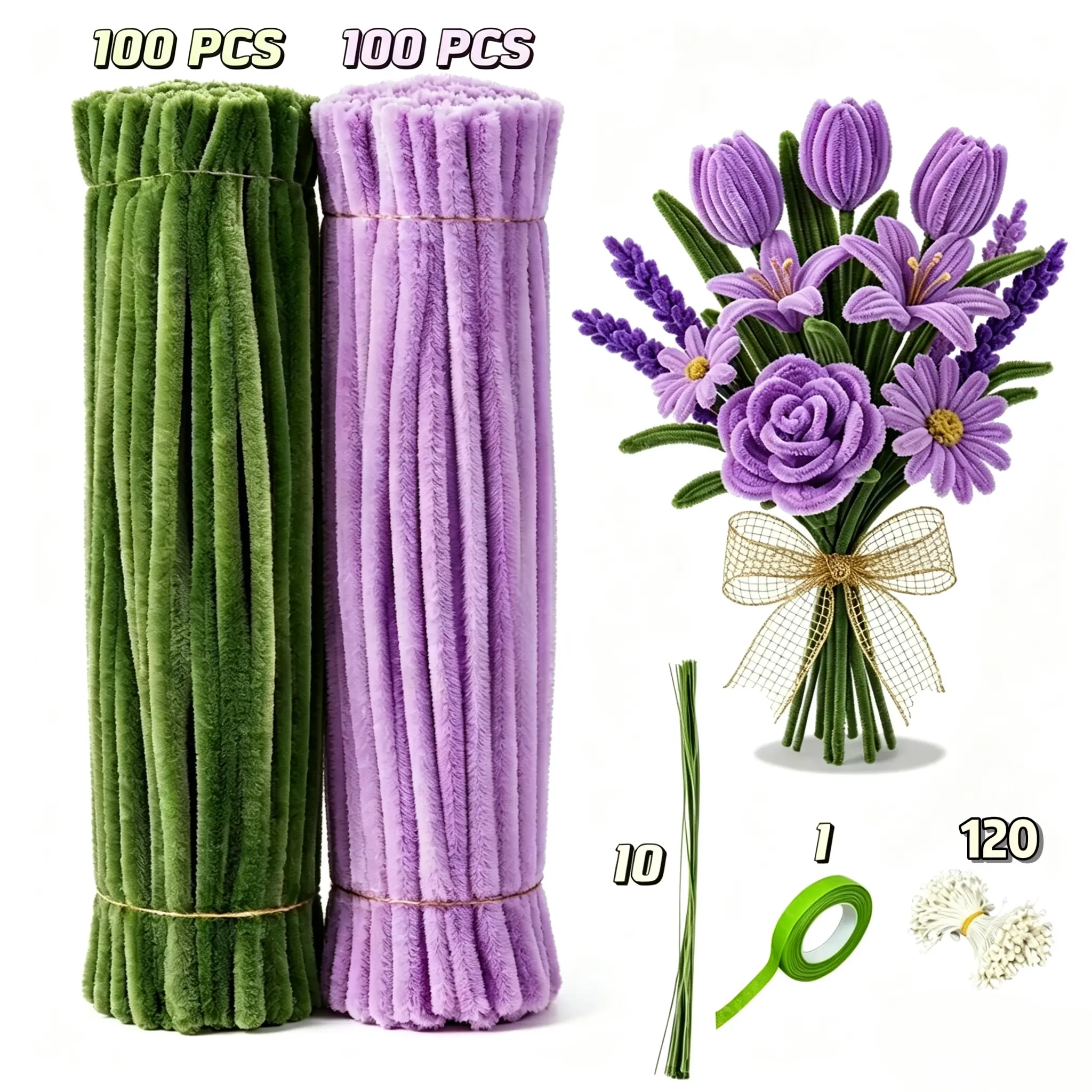 DIY Pipe Cleaners Bouquet Craft Kit - 100pcs Taro Purple & 100pcs Army Green Chenille Stems Set, All-in-1 Specialty DIY Supplies for Beginners, Home Decor Use