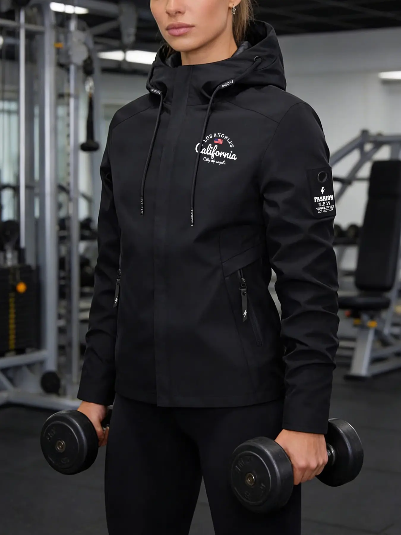 Women's Hooded Windbreaker Jacket with Los Angeles City of Angels Print, Casual Athletic Style for Fall & Winter, Comfortable Design with Zipper Pockets