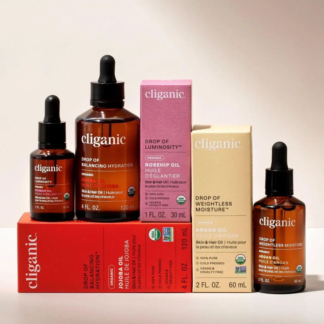 Cliganic Organic Jojoba, Argan & Rosehip Oil Bundle Set - Multi-Pack Treatment Set for Face, Hair & Body - Vitamins-Infused Bath & Body Care Hydrating Moisturizer