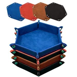4 Pieces Dice Tray Set Hexagon Rolling Holder Velvet Lining PU Leather Folding Trays for RPG DND Table Games in Royal Blue Orange Camel Black Portable Durable
