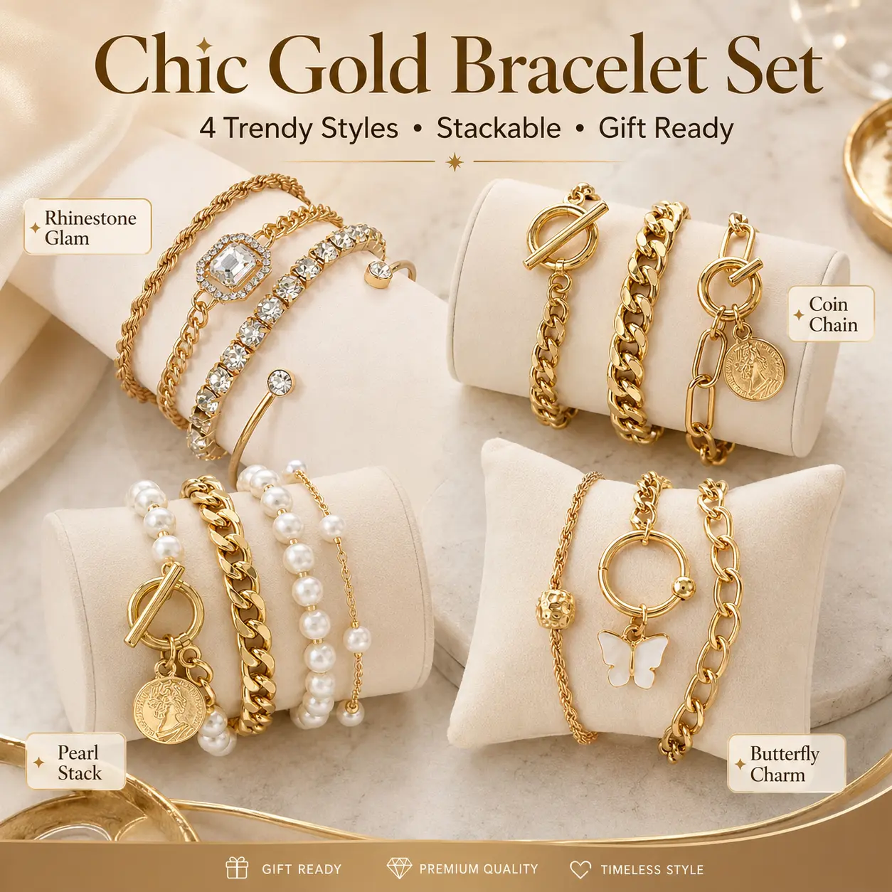 Gold Plated Bracelet Set for Women, Stackable Chunky Chain Pearl Rhinestone Butterfly Coin Charm Bracelets, Trendy Layered Bracelet Stack, Y2K Glam Fashion Jewelry Gift for Her**