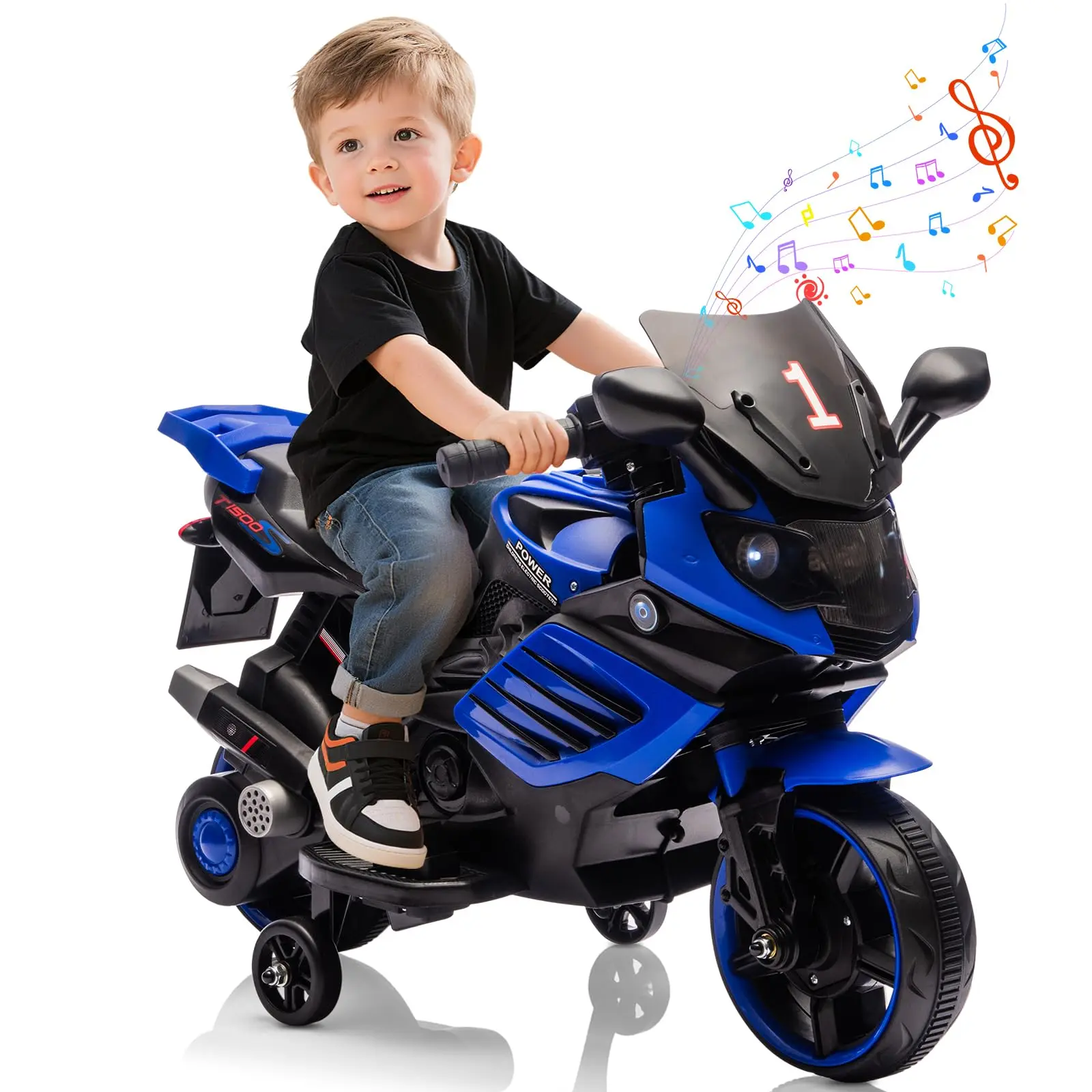 6V Toddler Motorcycle Electric Ride-On Toy, Toddler Bike with Training Wheels, Treaded Tires, Horn, Headlight, Music for Ages 3-5