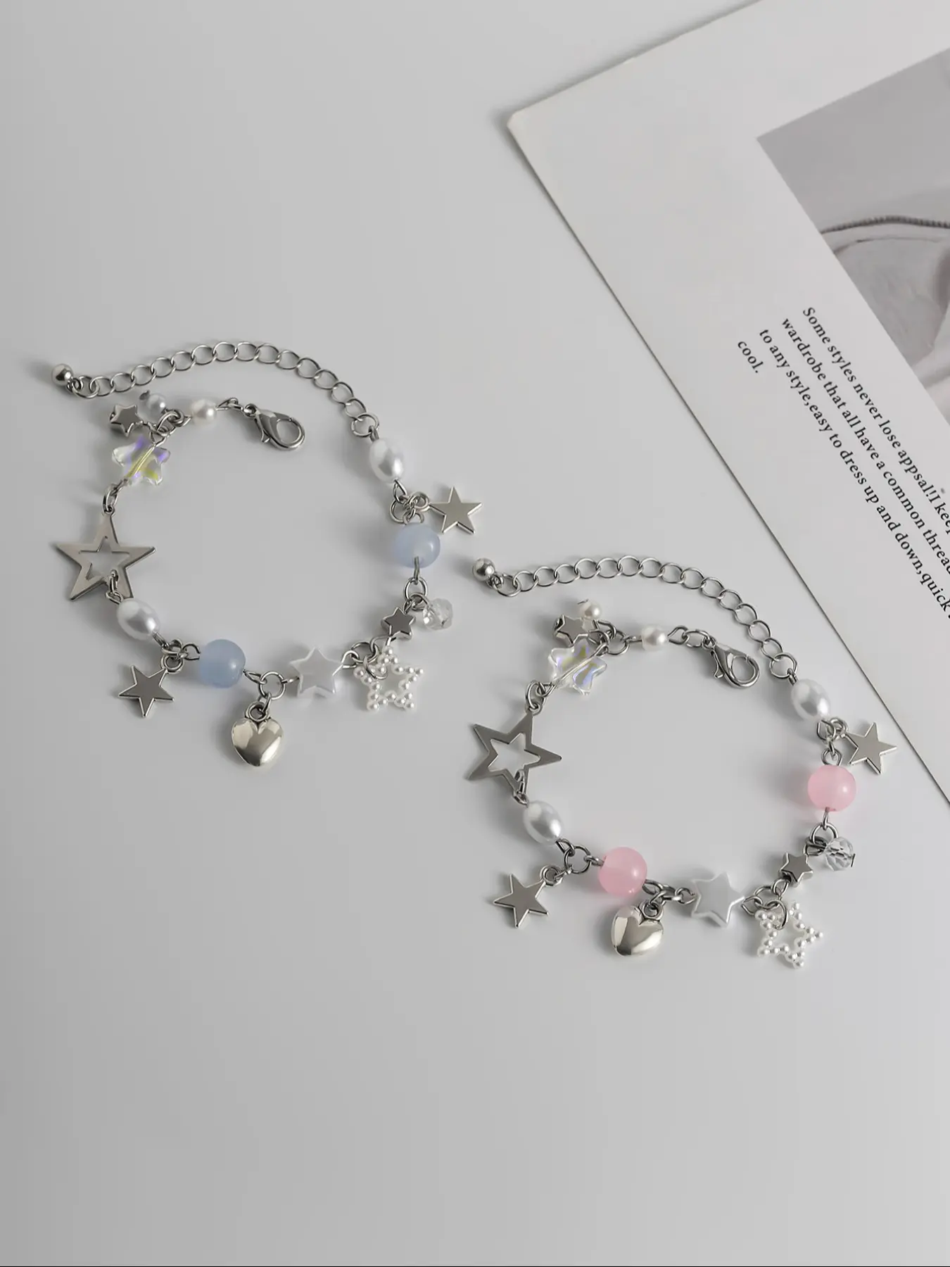 Mother's Day Gift Cute Y2K Style Blue Star Heart Pearl Beaded Bracelet Set, Fashionable Friend Birthday Gift, 2 Pieces, Sweet and Adorable Design, Heart Charm Bracelet, Beads Bracelets, Trendy Fashionable Accessories