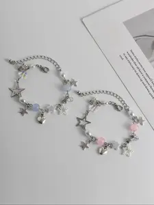 Cute Y2K Style Blue Star Heart Pearl Beaded Bracelet Set, Fashionable Friend Birthday Gift, 2 Pieces, Sweet and Adorable Design, Heart Charm Bracelet