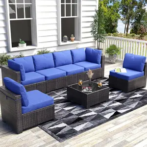 7 Piece Rattan Patio Furniture Set, Outdoor Wicker Sectional Sofa, Patio Conversation Set with Removable Beige Cushion and Coffee Table for Outside, Garden, Balcony, Porch, Grey Blue