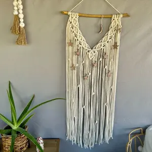 My Lucky Stars Macrame Wall Hanging Featuring Wooden Stars and Moon, Driftwood Dowel - Fiber Art Wall Decor with Cosmic Growth Frequency, Hangable Ornament