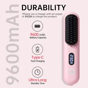 Cordless Hair Straightener Brush - Portable Straightener Brush with 9 Temp Settings, Mini Straightening Comb for Travel, 9600mAh Rechargeable Batt & 224 Million Negative Ions (Pink)