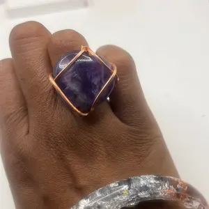 Crystal Heart Ring with Copper Wire Wrap and Purple Gemstone for Unique Jewelry Collection