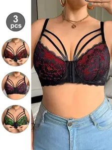 3-Pack Plus Size Lingerie Bras Underwear, Front Buckle Design, Seamless Push-Up Bra, Ditsy Floral Pattern, Max Support, Breathable, All Seasons