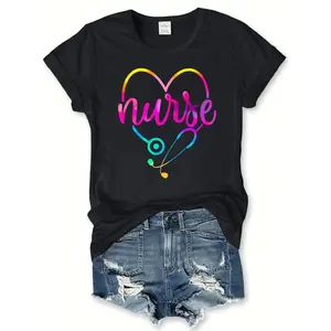 Women's Cotton Short-Sleeve Round Neck Nurse Letter Print Top, Casual T-Shirt for Spring & Summer
