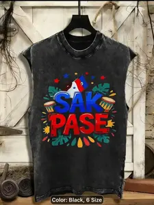 Haitian Flag SAK PASE Sleeveless Shirt Vintage Acid Washed Tank Top Y2K Style