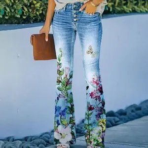 Women's printed jeans, regular slim fit denim pants below the ankle, with corrugated pockets, light washable, suitable for street wear, leg zipper