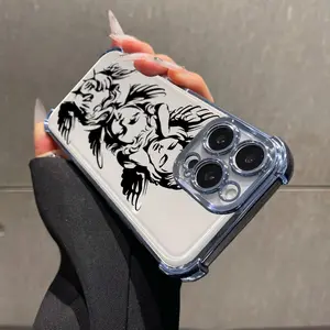 Black Angel Cupid God of Love Sacred Pattern Four Corner Anti-Fall Phone case for iPhone Samsung Galaxy 17Pro Max Air 16Plus 15 14 13 12 11 XR XS S26 S25 S24 S23 S22 cases, Transparent cover, Non-Yellowing, Shockproof Soft silicone, Gifts for girls.JL60