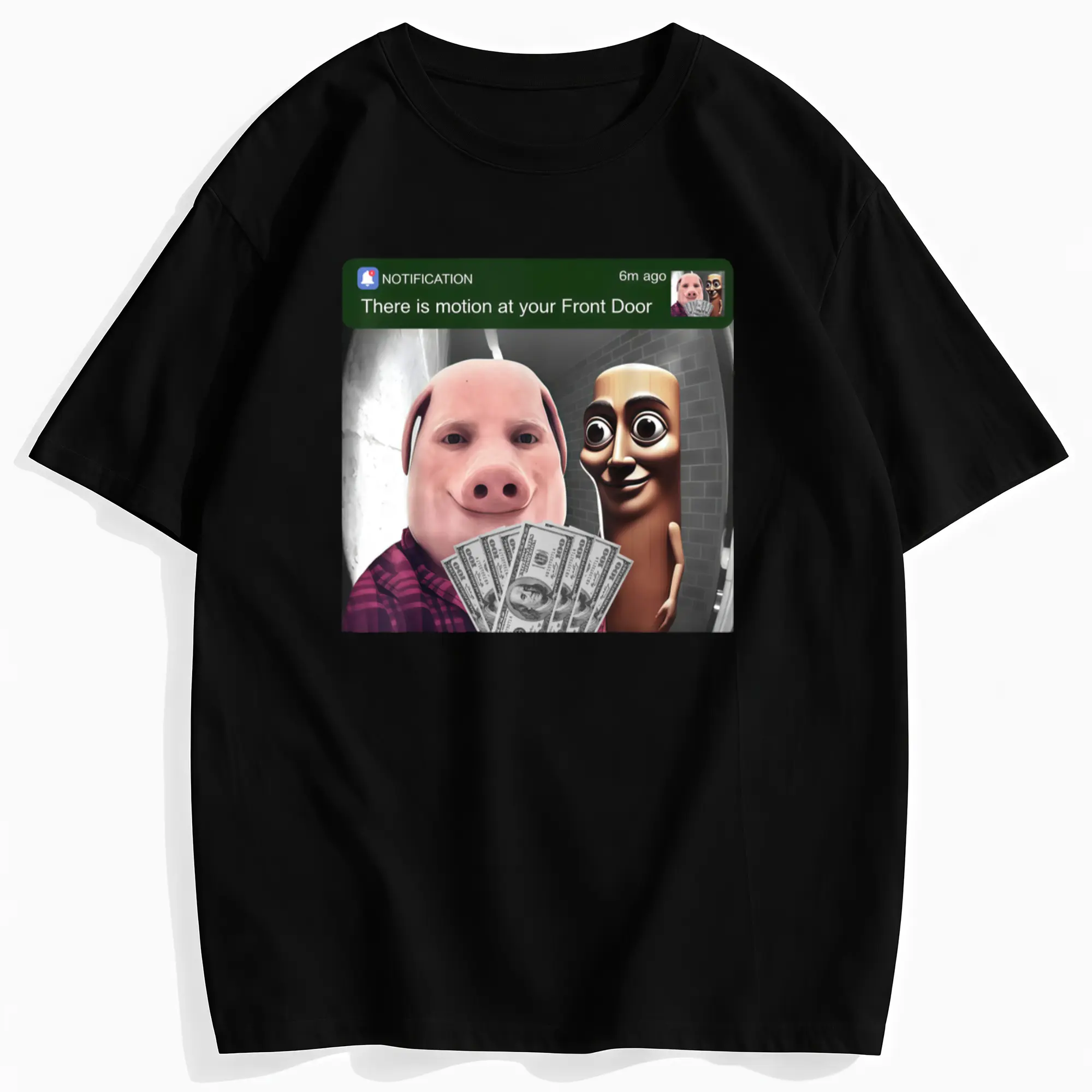 John Pork and Tung Tung Tung Sahur Front Door Motion Funny unisex T-Shirt Cotton Crewneck