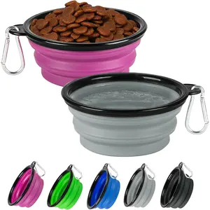 Collapsible Dog Bowl 2 Pack Portable Foldable Pet Feeding Watering Bowls for Travel Walking Camping with 2 Carabiners Clip 12oz Small Grey+Purple