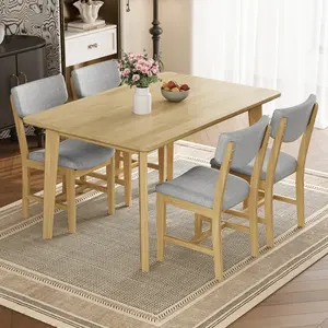 Rustic 5-Piece Dining Table Set - 1 Solid Wood Table + 4 Upholstered Chairs, Farmhouse-Style Dining Furniture for Kitchen & Dining Room, Minimalist Dining Set for 4, Natural