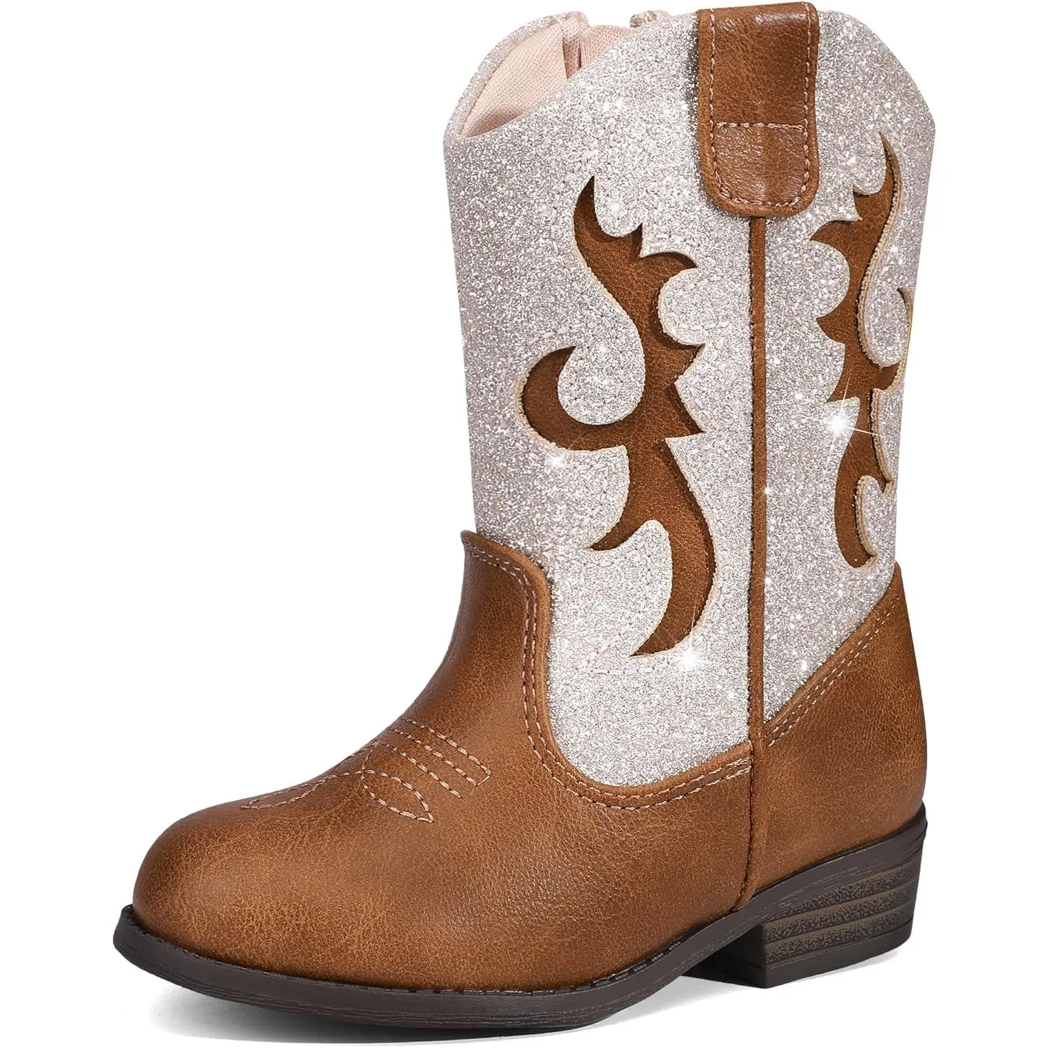 SHOESLOCKER Girls' Western Cowgirl Boots, Faux Leather with Glitter Embroidery, Mid-Calf with Side Zipper for Halloween, Party & Daily Wear, Round Toe, Western Print, Rodeo Outfit Inspo, Western Ootd