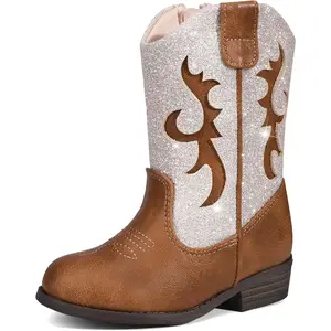 SHOESLOCKER Kids Girls Cowboy  Glitter Western Embroidery with Side Zipper, Non-Slip Sole, Faux Leather Cowgirl  for Party, Halloween & Daily Wear all-day