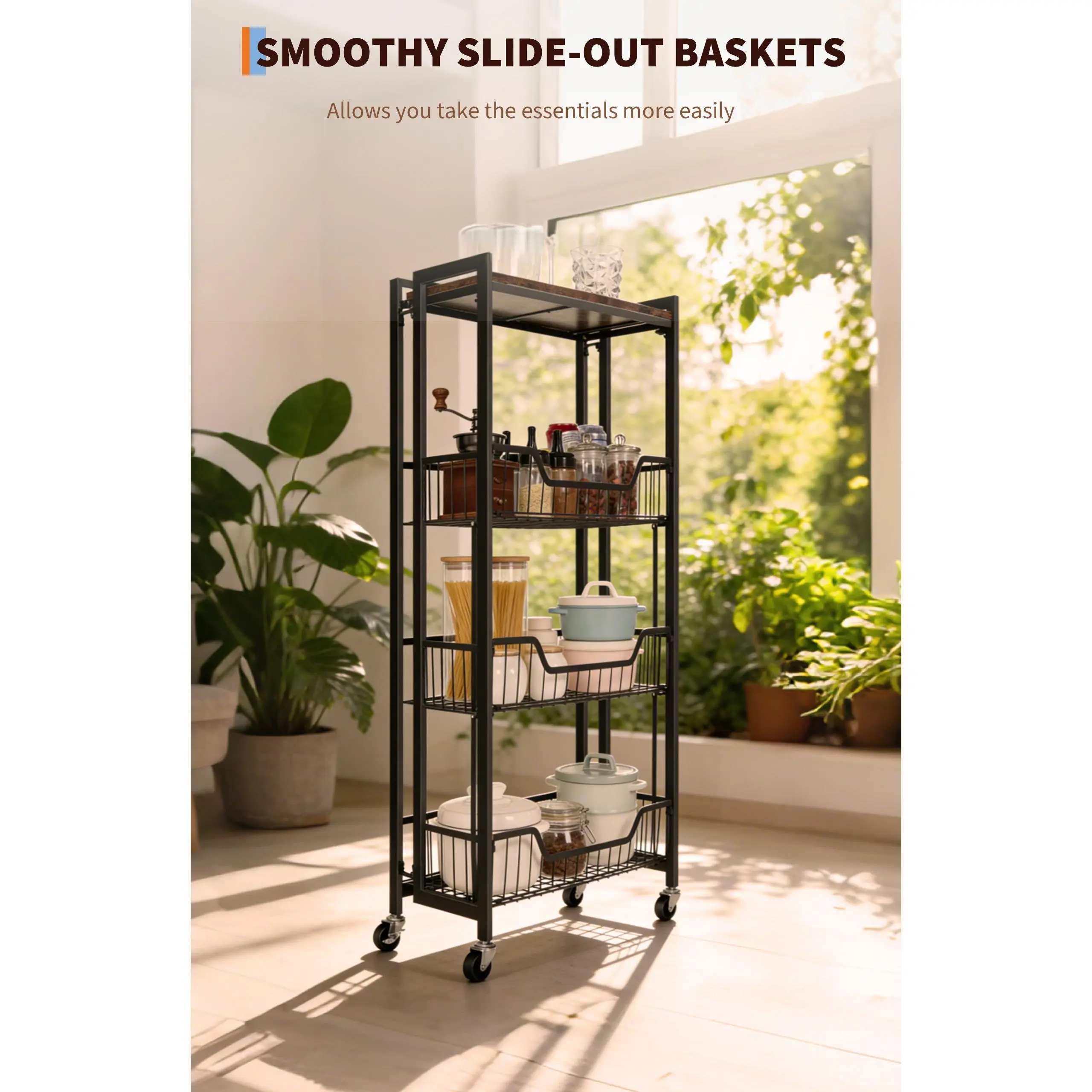 4-Tier Collapsible Storage Cart with Lockable Casters, Heavy Duty Expandable Kitchen Organizer Rack, Pre-Assembled, 100 lbs Capacity, Rolling Utility Shelf for Pantry Garage Bathroom