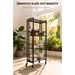 4-Tier Collapsible Storage Cart with Lockable Casters, Heavy Duty Kitchen Organizer Rack, Pre-Assembled, 100 lbs Capacity, Utility Shelf for Pantry, Garage, Bathroom
