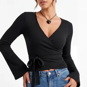 Women’s Long Sleeve Wrap Top, Flare Cuffs V-Neck Ribbed Shirt with Waist Tie for Jeans & Skirts，Ribbed Wrap V-Neck Top with Flare Sleeves and Tie Waist, Slim Fit Crop Blouse for Women，Everyday, Beach Wear,summervibes