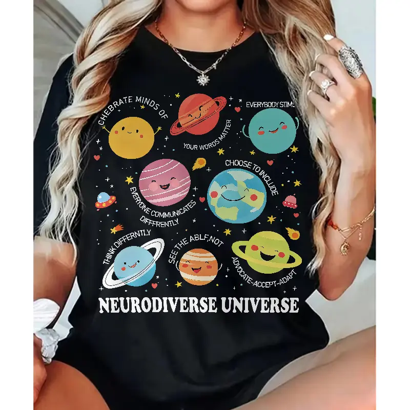 Neurodiverse Universe Graphic T-Shirt, Soft 100% Cotton Top for Women, Autism ADHD Inclusion Awareness Gift for Teachers, Love