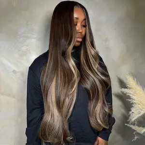 Brown Blonde Highlight Balayage Wig 13X6 Body Wave Human Hair Lace Front Wigs Pre Plucked 180% Density Highlight Ombre Colored Wigs Transparent Lace Frontal Wig Human Hair For Woman Natural Hairline