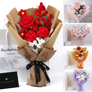 Kedomiu Crochet Flower Bouquet with Greeting Card And Gift Bag, Handmade Artificial Knitted Lilies And Roses, Warm Faux Bouquet for Mother's Day, Wedding, Anniversary, Birthdays, Valentine's Day