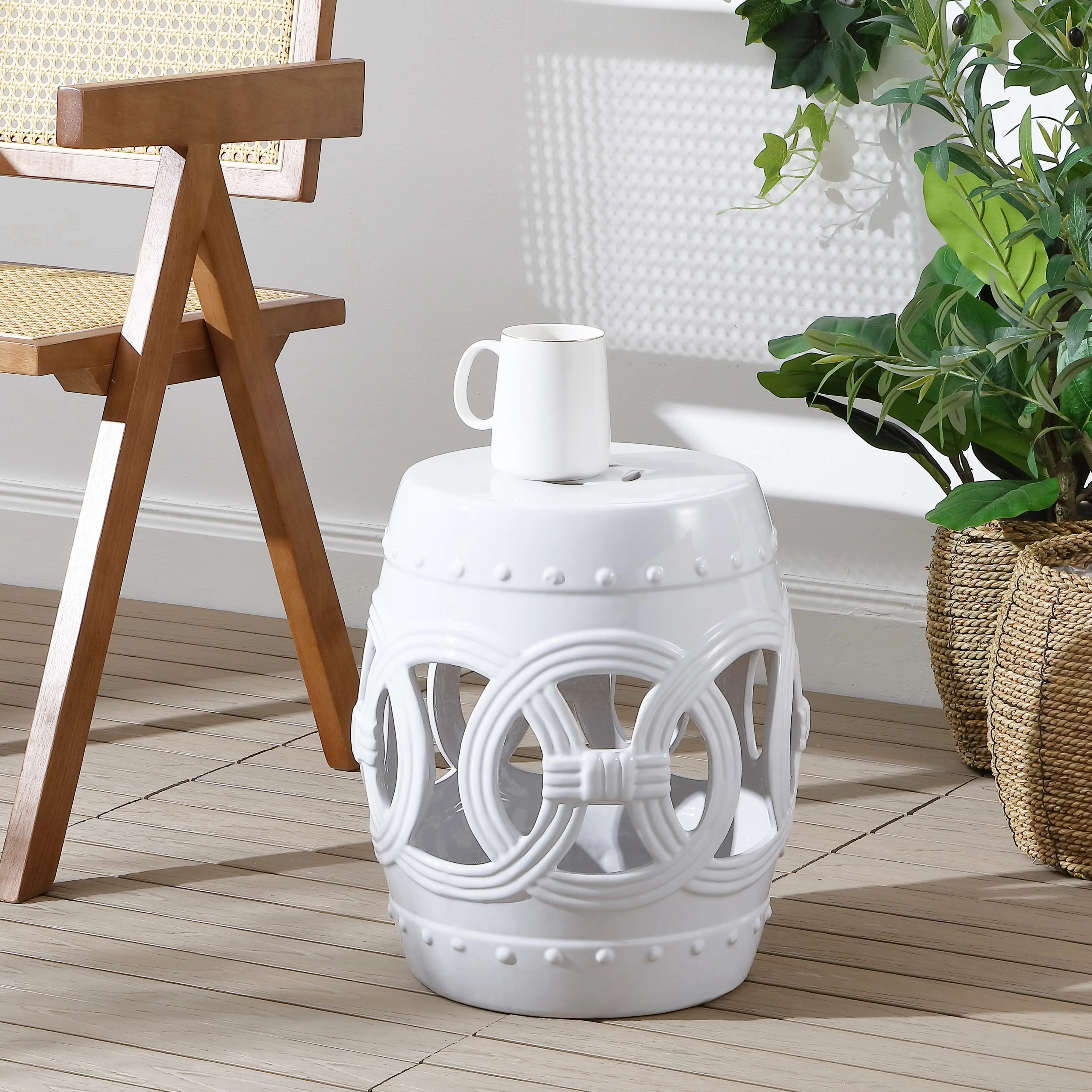 JONATHAN Y Modern Drum-Shaped Chinese Ceramic Garden Stool - 14in W x 14in D x 16in H, 17.6lbs, Fully Assembled, Good Fortune Design, Solid White Glaze, Patio Furniture, Indoor-Outdoor Home Use