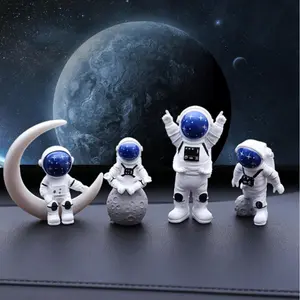 4-Piece Astronaut Figurine Set in Blue & White, Space Theme Resin Sculptures for Nursery Shelf Decor & Birthday Cake Topper