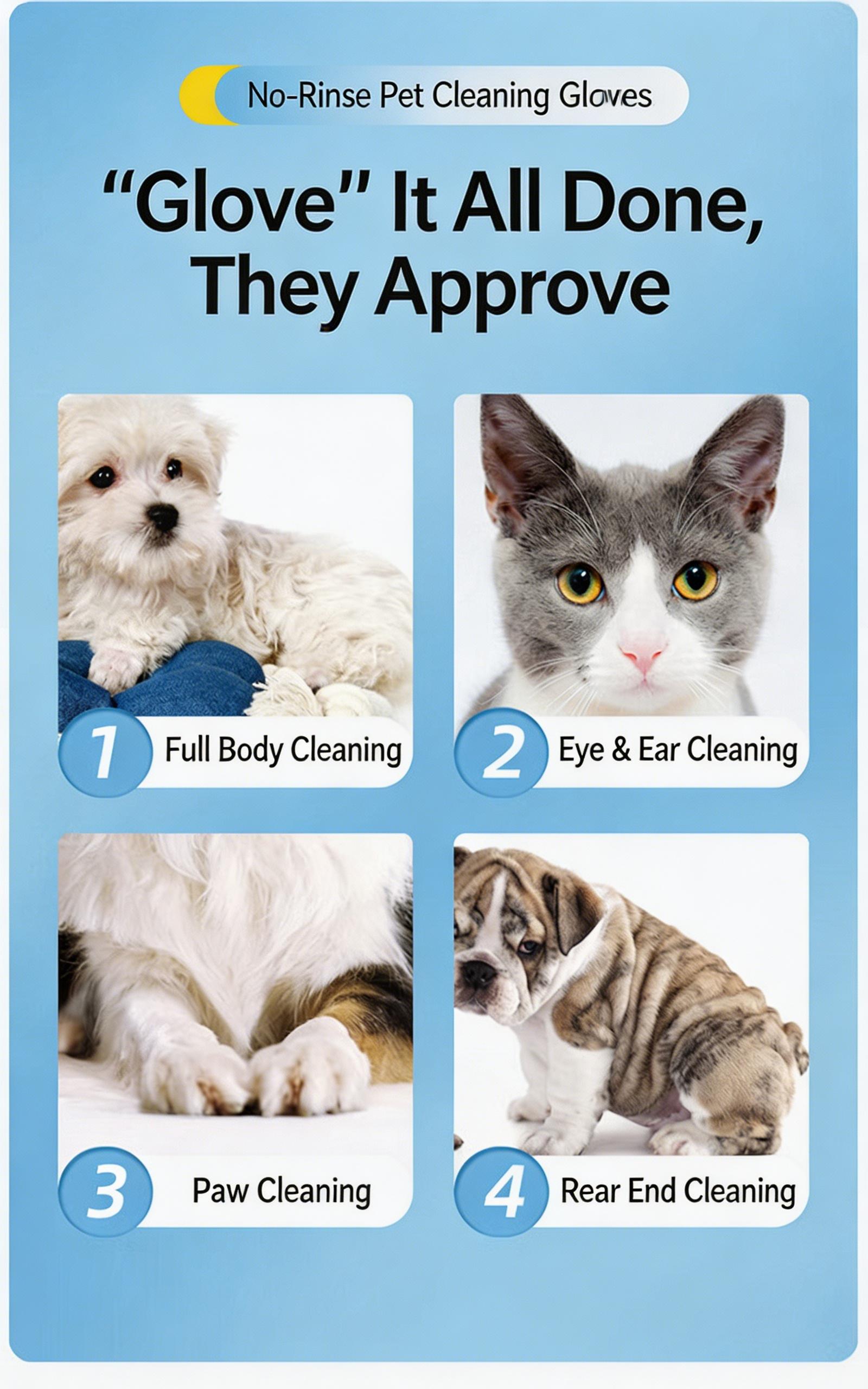 6 Count Disposable Pet Cleaning Glove Wipes, No Rinse Dog Cat Grooming Gloves, Deodorizing Moisturizing Lint Free Pet Wipes Gloves, For Paws Ears Body Muddy Paw Cleaner, Travel Friendly for Dogs Cats Puppies Kittens