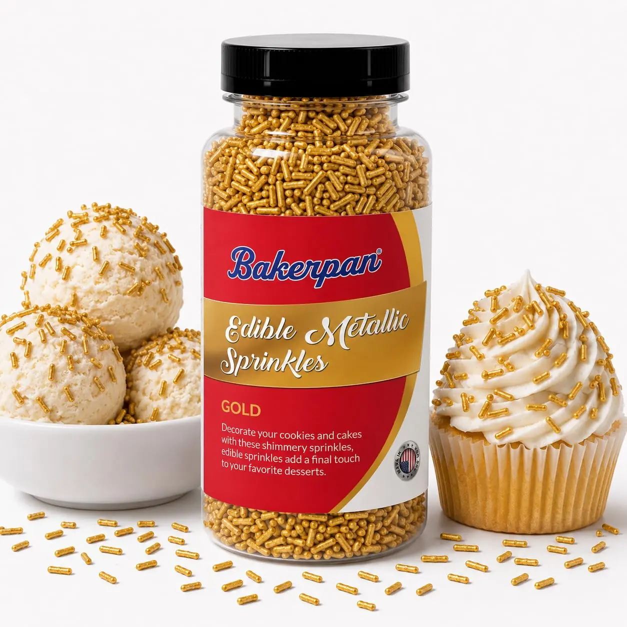 Bakerpan 2 Pack Edible Gold Jimmies Sprinkles 4.3 oz - Gold Sprinkles for Cake Decorating, Cupcakes, Cookies, Birthdays & Weddings | Kosher, Gluten-Free