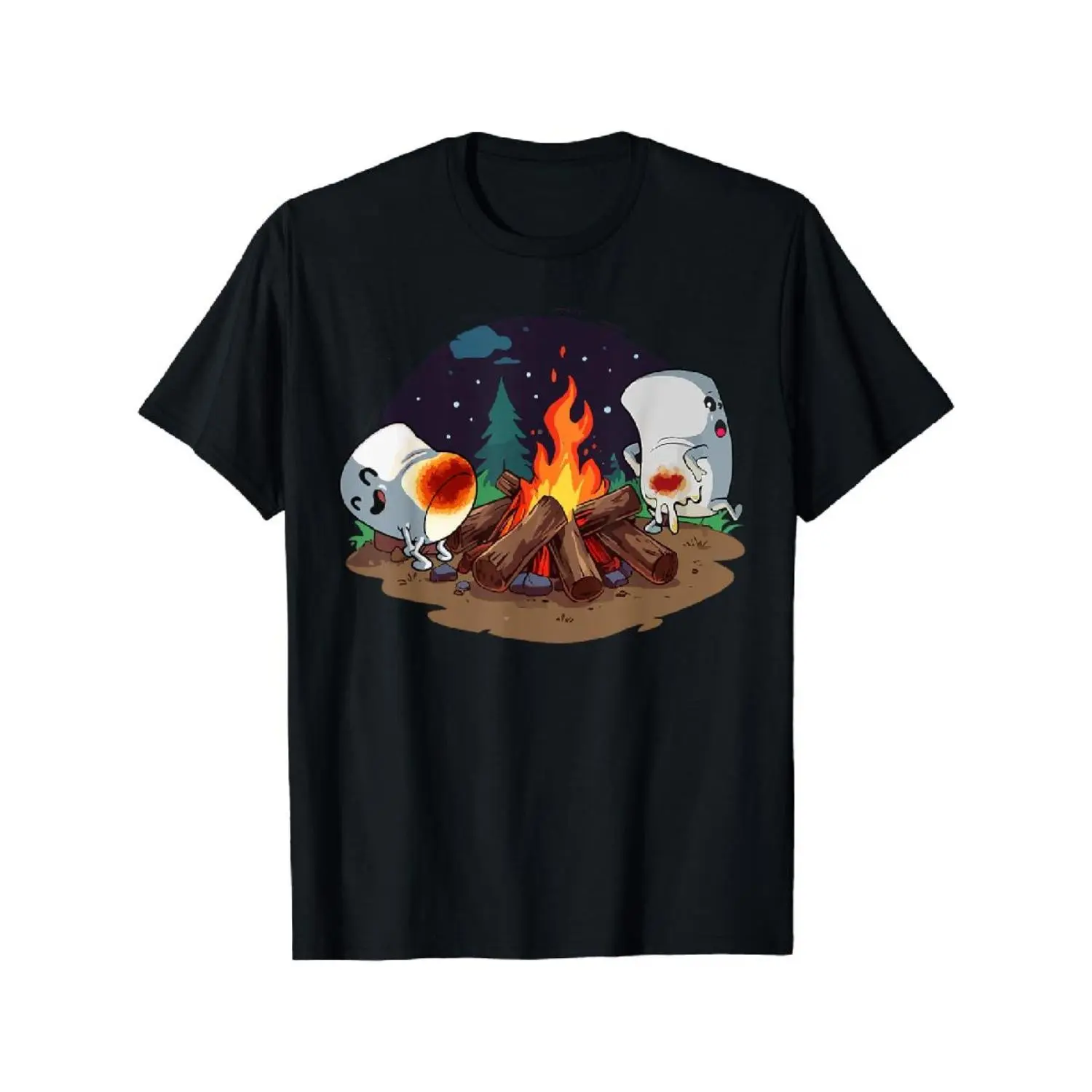 Men's Casual Short-Sleeve Funny S'mores Marshmallow Roasting T-Shirt - Menswear Top for Campfire Bonfire Camping, Tshirt, Shortsleeve, Campfire Theme, Roasting Scene, Round Neck, Cancer Safe, Streetwear