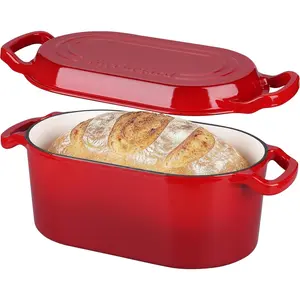Oval Dutch Oven Pot with Lid, Enamel Coating Cast Iron Bread Pans for Homemade Sourdough Bread Baking, Cooking, 4 Quart, Red