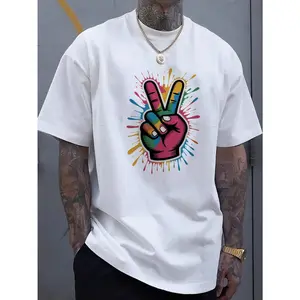 Men's Black Colorful Peace Hands Graphic T-Shirt - Short sleeve casual summer t-shirt with a vibrant geometric print, machine washable, regular fit, durable fabric