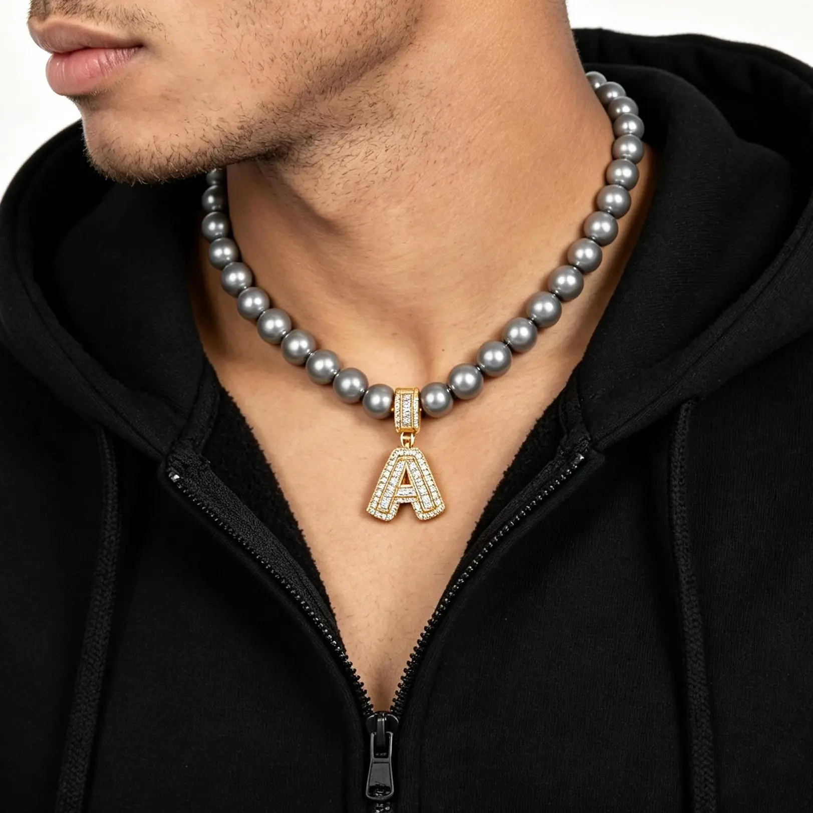 Gold Initial Pendant Necklace for Men with Small Pearl Accent, Personalized A-Z Letter Charm for Simple Daily Style, Great Layering Piece for Casual or Smart Look, Sweet Gift for Husband Boyfriend or Dad