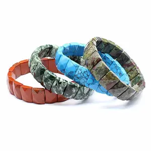 11X15MM Natural Stone Square Beads Strand Bracelets Amethyst Rose Quartz Healing Crystal Rectangle Bangle Women Gemstone Jewelry Gifts for Energy Healing & Meditation