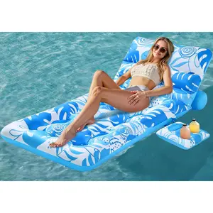 Adjustable Backrest Pool Floats - Tropical Leaves Pool Lounger Floaties Adults with Cup Holders, Inflatable Tanning Float Rafts Chair Beach Lake Lounge Floating Above Water Keep Cool (Blue)