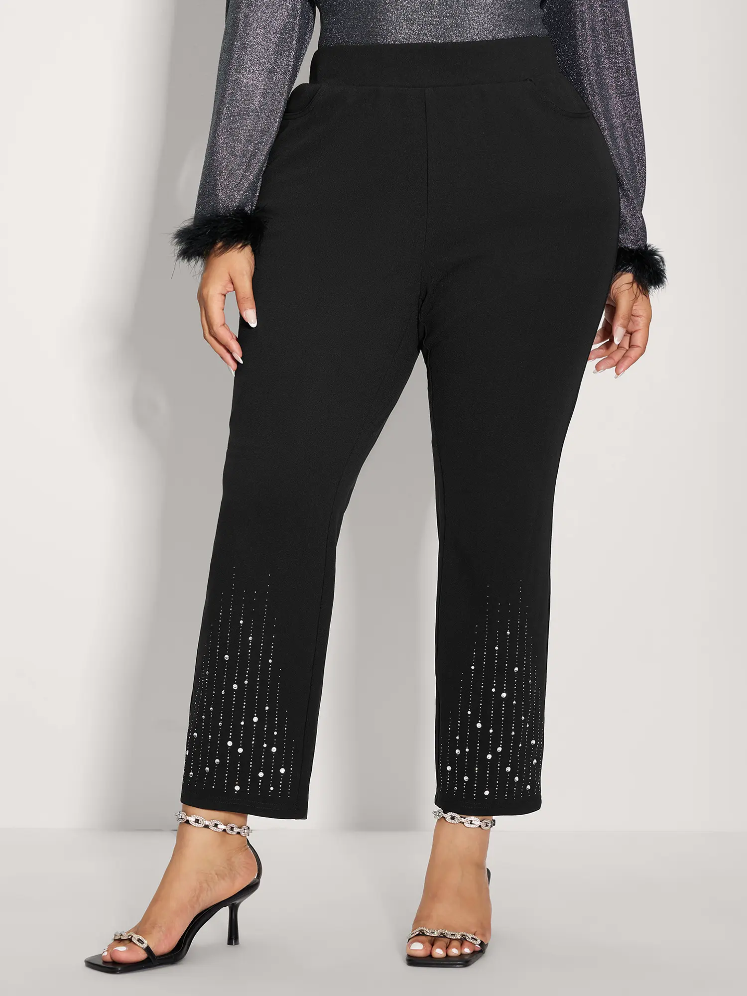 BLOOMCHIC Women's Plus Size Fitted Spandex Garment - Butter-Soft Stretchy Pants, Mid-Rise Trouser with Pocket & Diamond Detail Hem, Flattering Summer Turn-Up Party Pants for Mom [M-6X] Fit Womenswear Fabric Bottom,Summerfinds