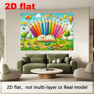 2D Flat, 2D Flat Banner Backdrop, 1pc Vibrant School-Themed Party Background Banner - Colorful Pencils and Rainbow Design Backdrop with Flowers, No Power Supply Needed - Ideal for Birthdays, Wed
